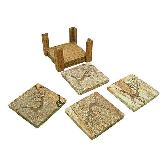 Set Of 4 Ornate Sandstone Tile Cork Back Coasters Wildlife Wooden Stand Pottery - Picture 3 of 8